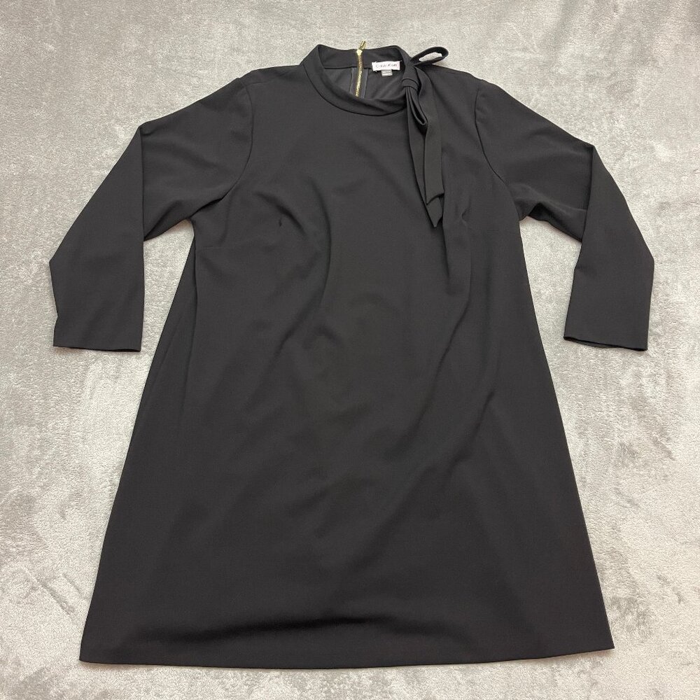 Calvin Klein Black Dress Women Size 22W Plus Tie Neck Bow Shift Long Sleeves